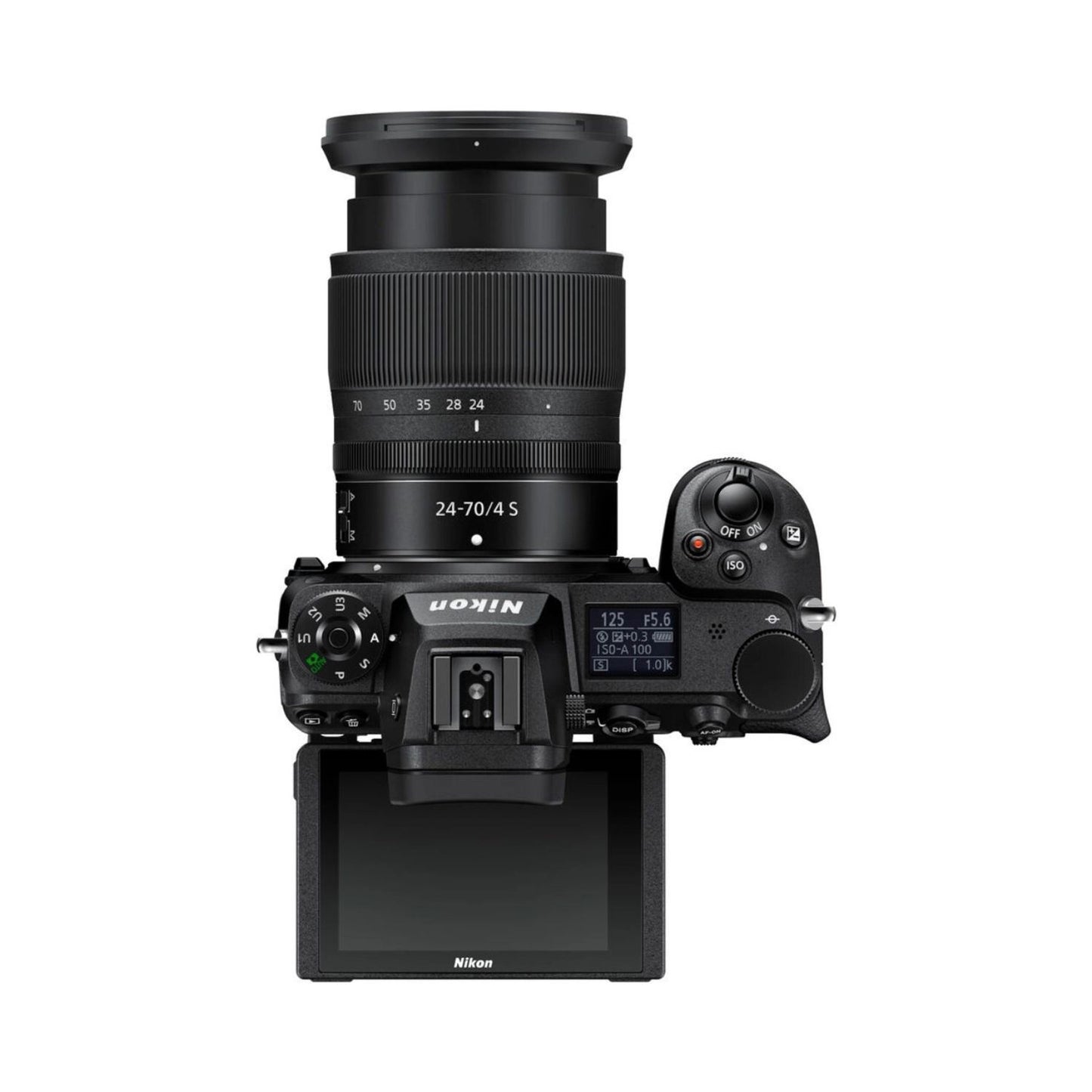 Kamera mit 24-70mm f/4 S-Linse, Ansicht von oben mit Bedienelementen