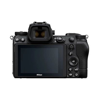 Mirrorless camera rear view with LCD screen and control buttons