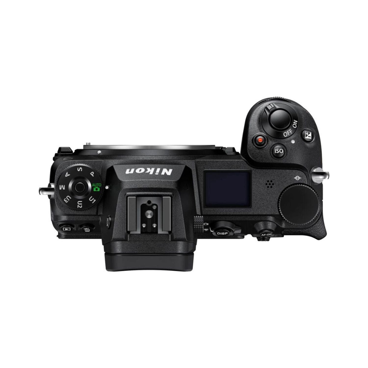 Mirrorless camera top view with mode dial, ISO button, and control wheel