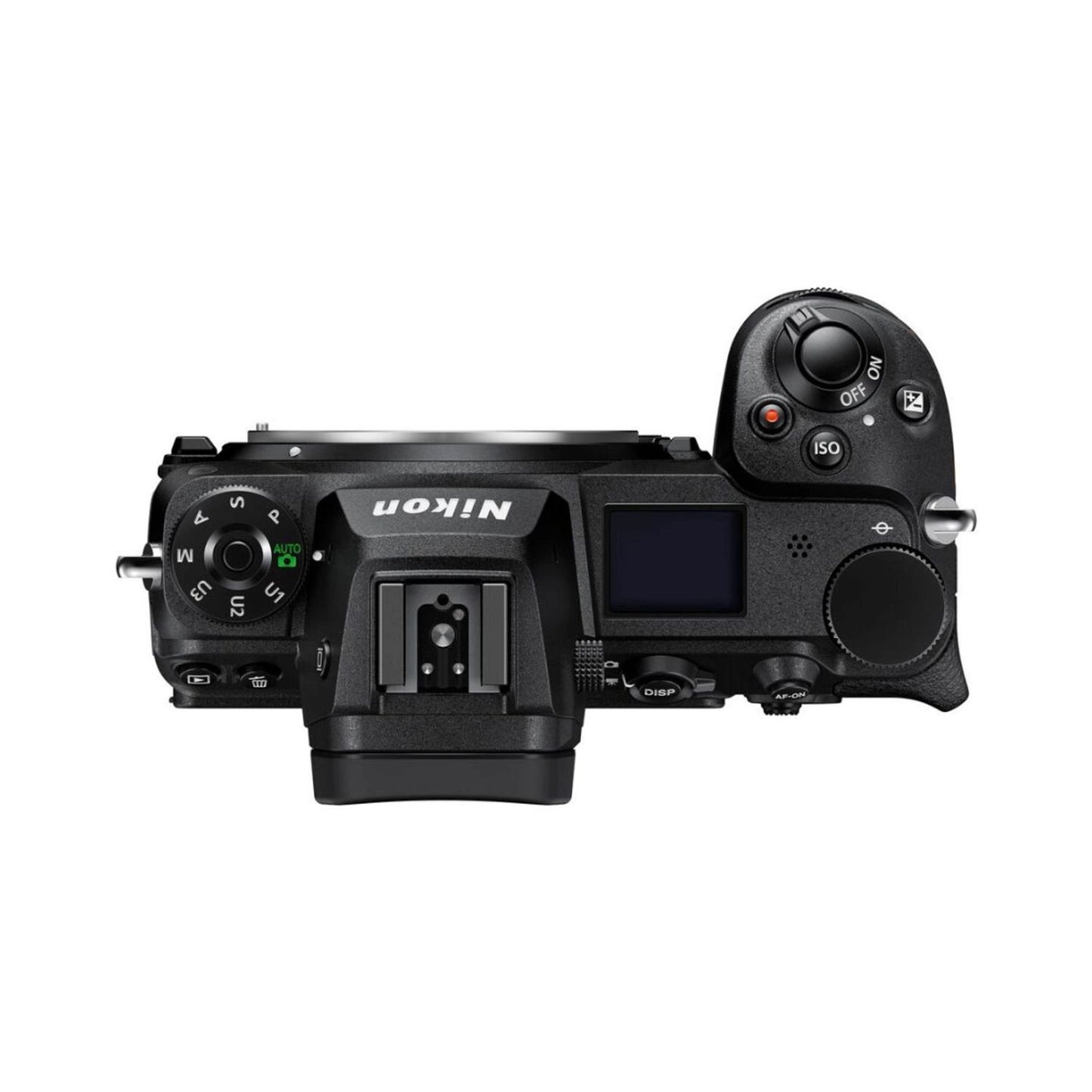 Camera body side view with buttons, ISO label, and control dials