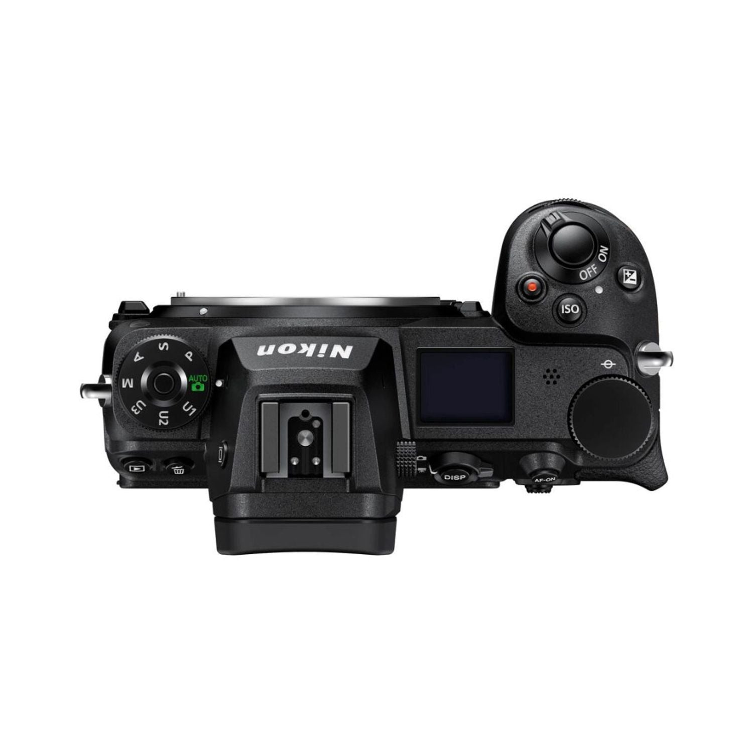Camera body side view with buttons, ISO label, and control dials