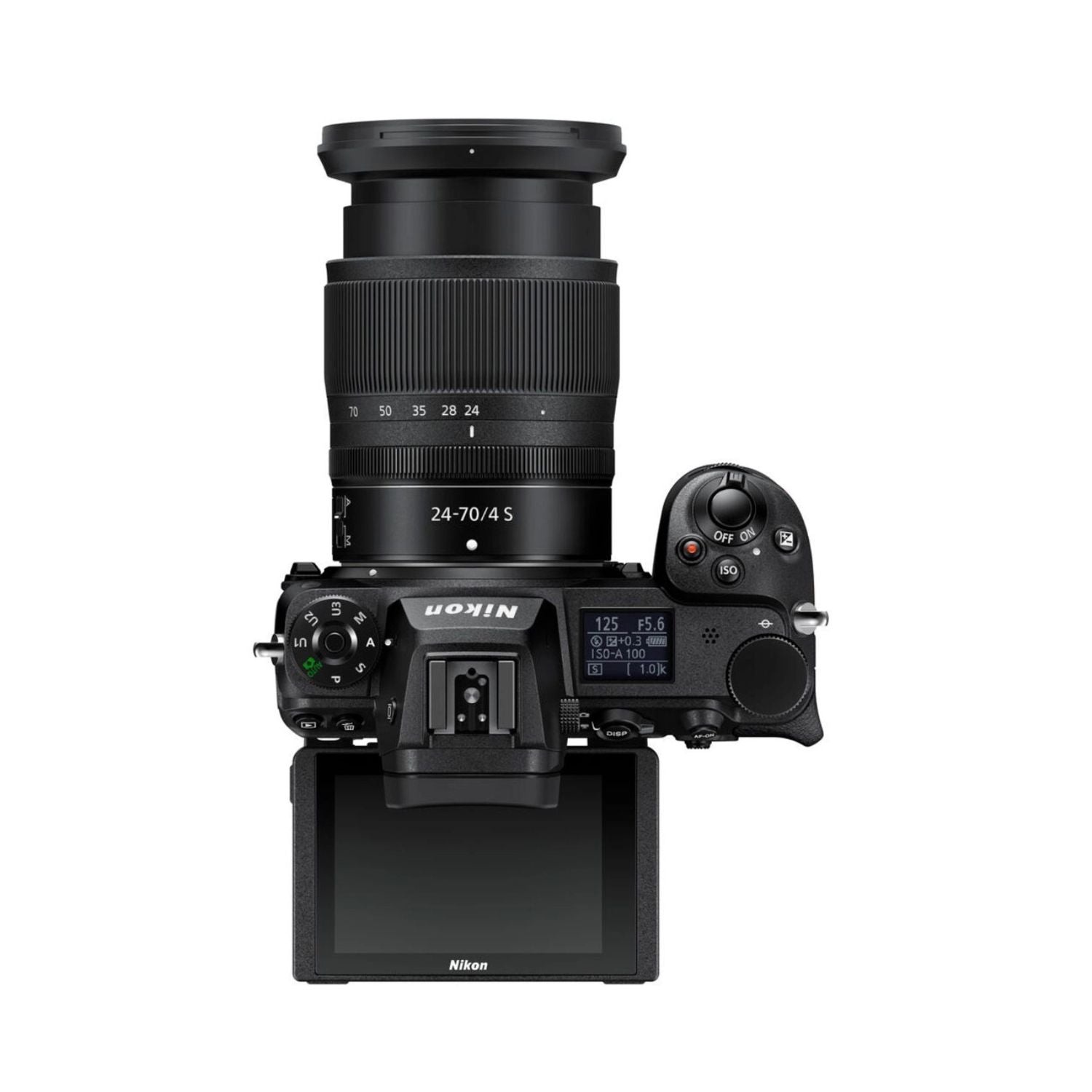 Nikon Z7 II mirrorless camera with 24-70mm f/4 lens, front/top view