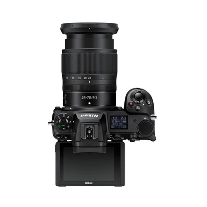 Nikon Z7 II mirrorless camera with 24-70mm f/4 lens, front/top view