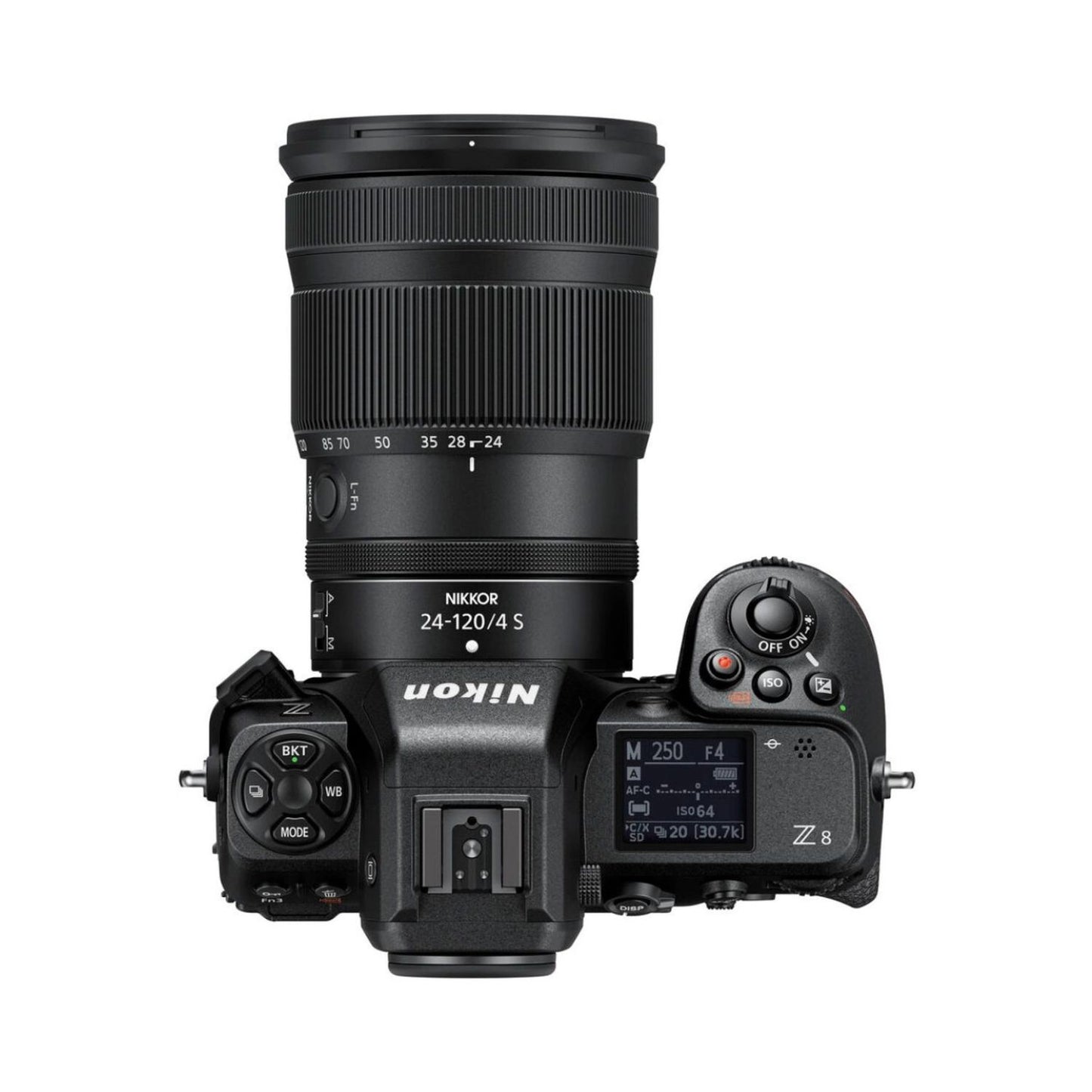Z8 spiegellose Kamera mit 24-120mm f/4 S-Objektiv, Oberansicht der Bedienelemente