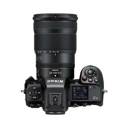 Z8 spiegellose Kamera mit 24-120mm f/4 S-Objektiv, Oberansicht der Bedienelemente