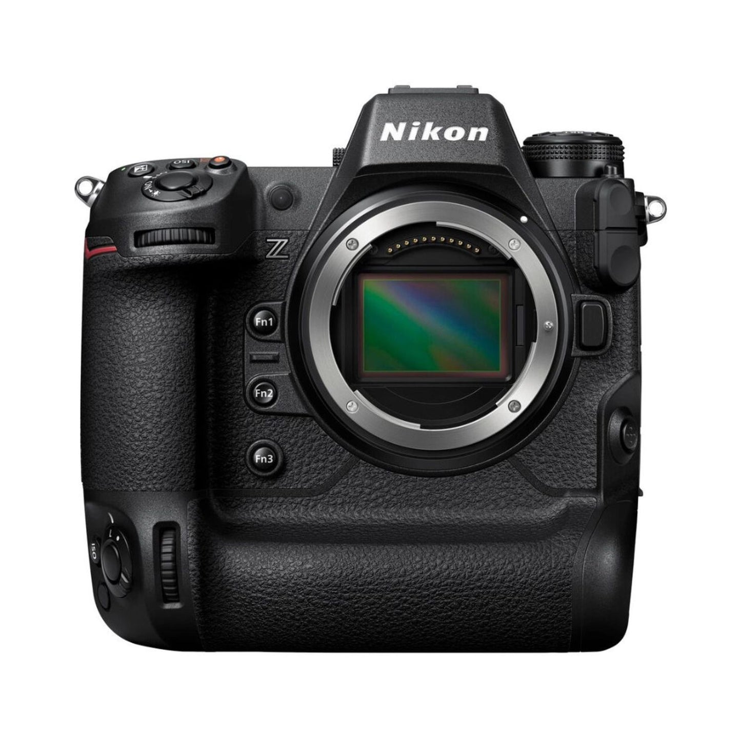 Nikon Z9 Systemkamera vorn, großes Objektiv und Bedientasten