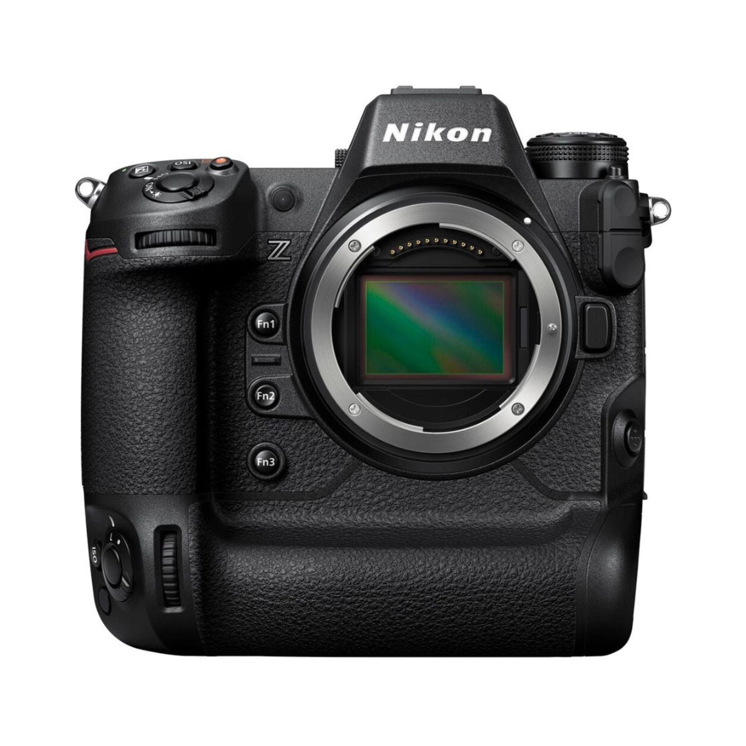 Nikon Z9 Systemkamera vorn, großes Objektiv und Bedientasten