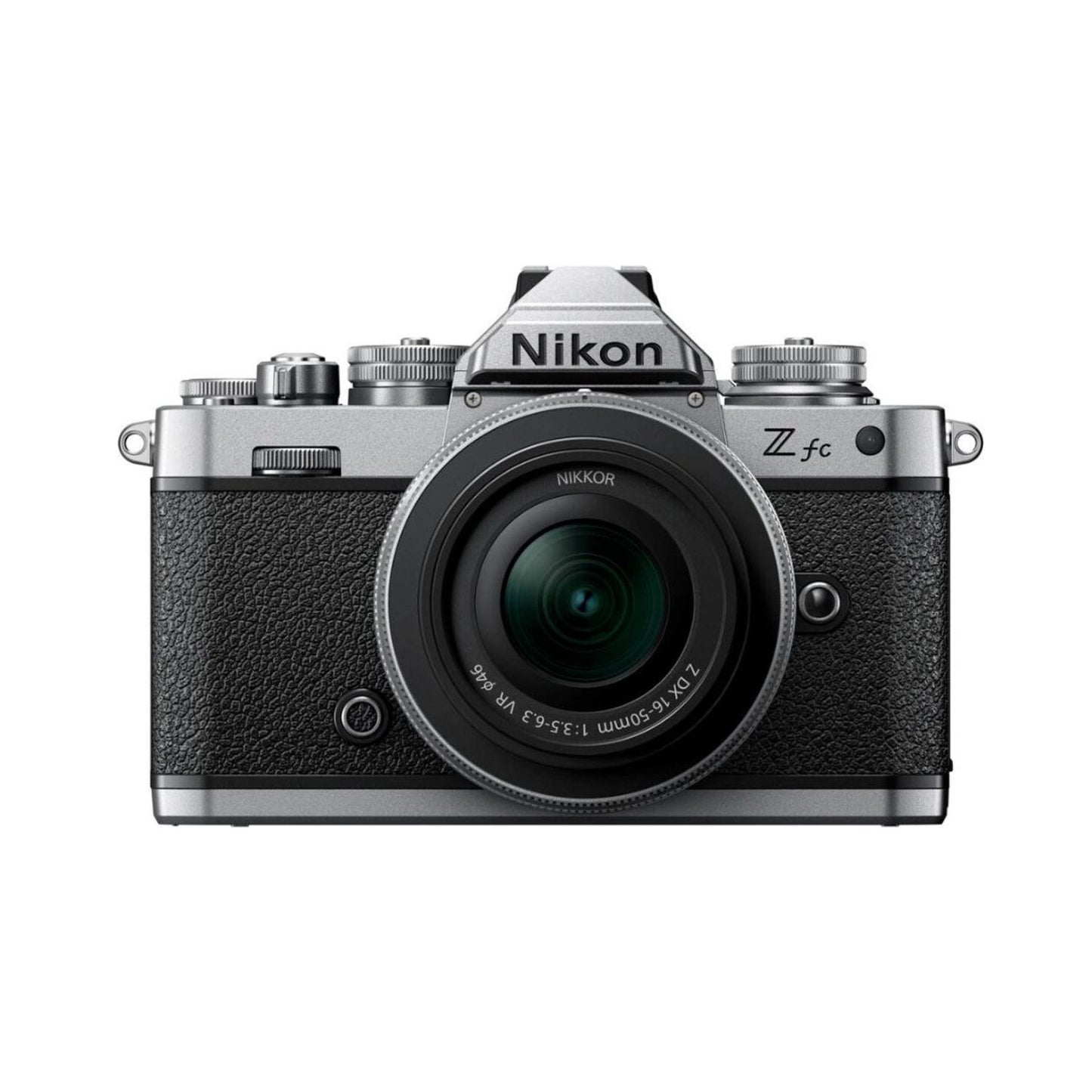 Nikon Z fc spiegellose Kamera mit 16-50mm Objektiv, Vorderansicht, silber/ schwarz