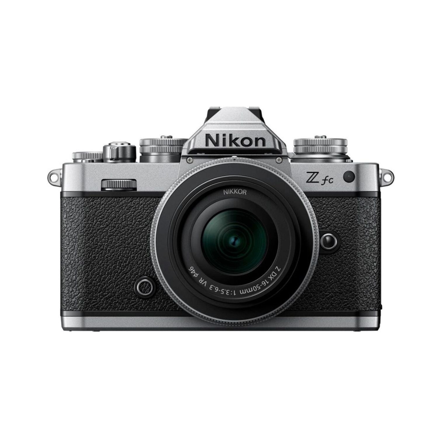 Nikon Z fc spiegellose Kamera mit 16-50mm Objektiv, Vorderansicht, silber/ schwarz