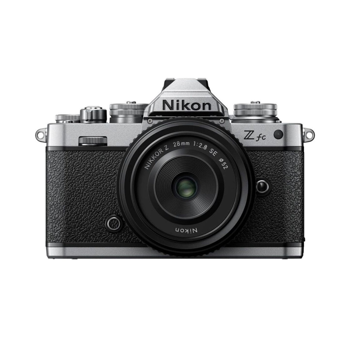 Nikon Z fc spiegellose Kamera mit 28mm f/2.8-Objektiv, Vorderansicht