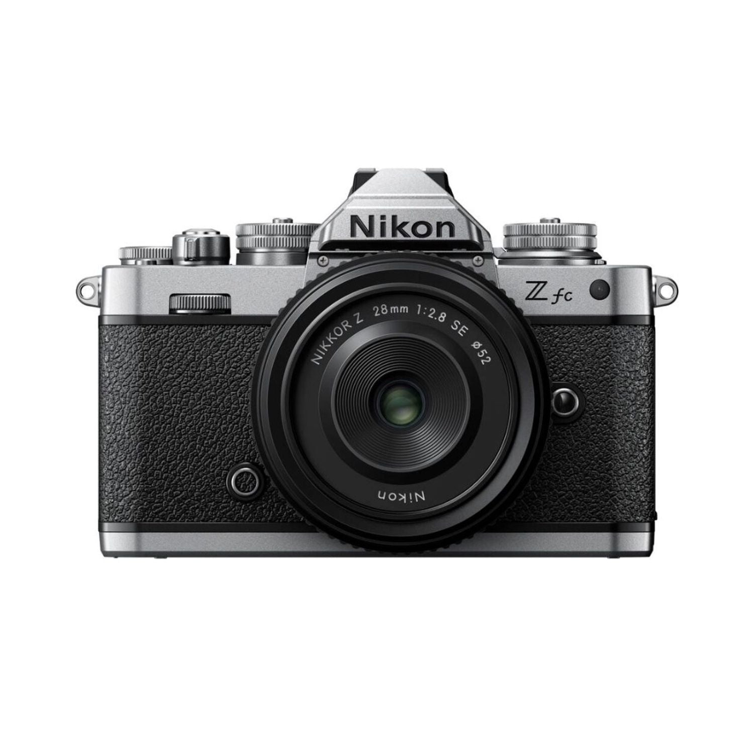 Nikon Z fc spiegellose Kamera mit 28mm f/2.8-Objektiv, Vorderansicht