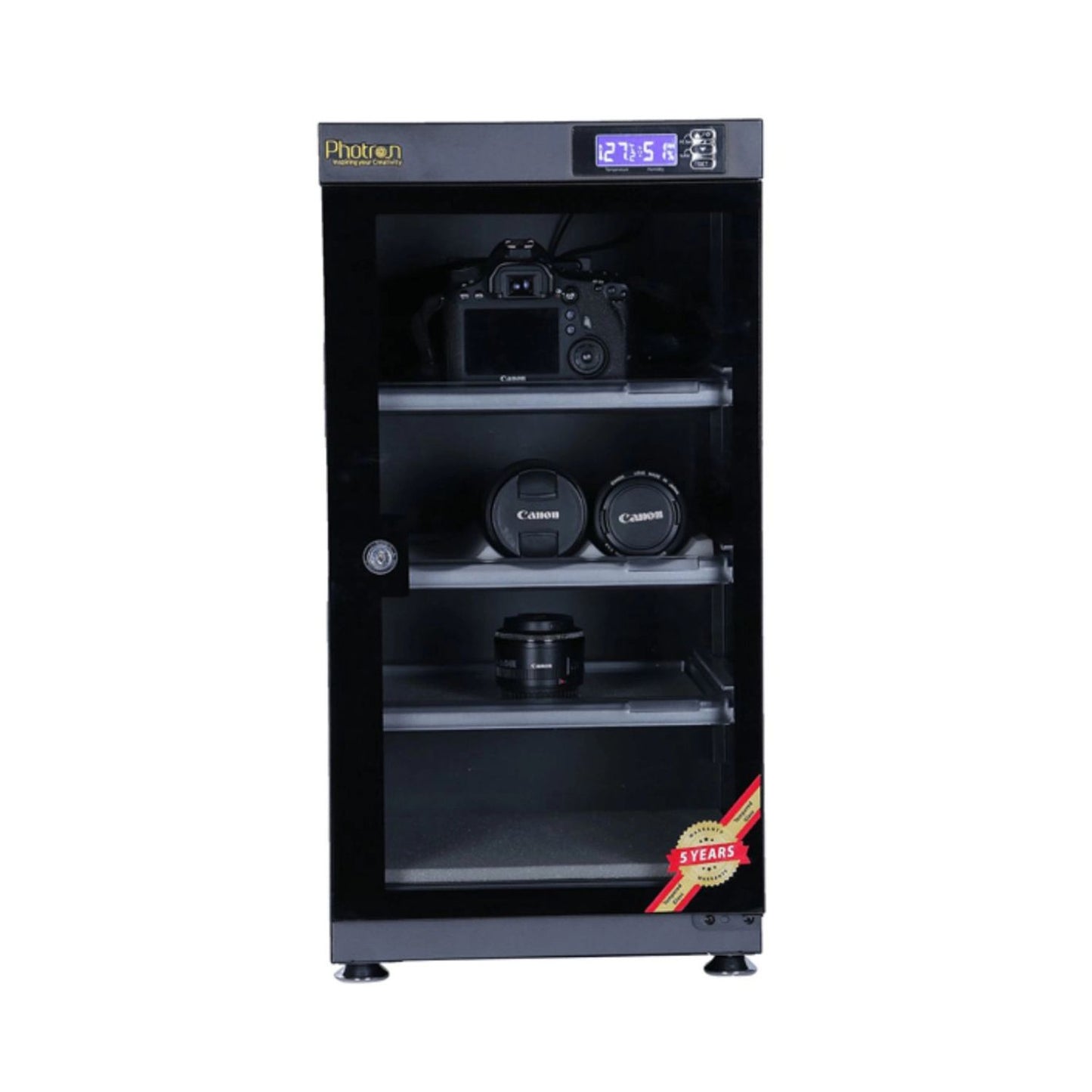 Photron 108L dry cabinet with digital display and glass door, open shelves