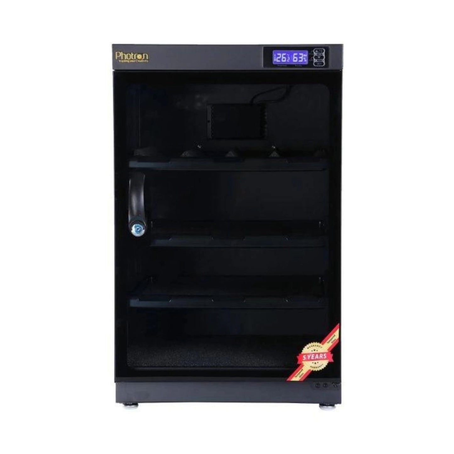 Photron 128L PH-ED-128 dry cabinet with glass front, digital display, and shelves