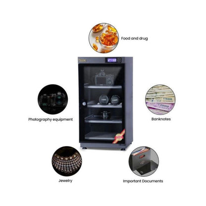 Dry cabinet shown with usage icons: photography equipment, jewelry, documents, banknotes