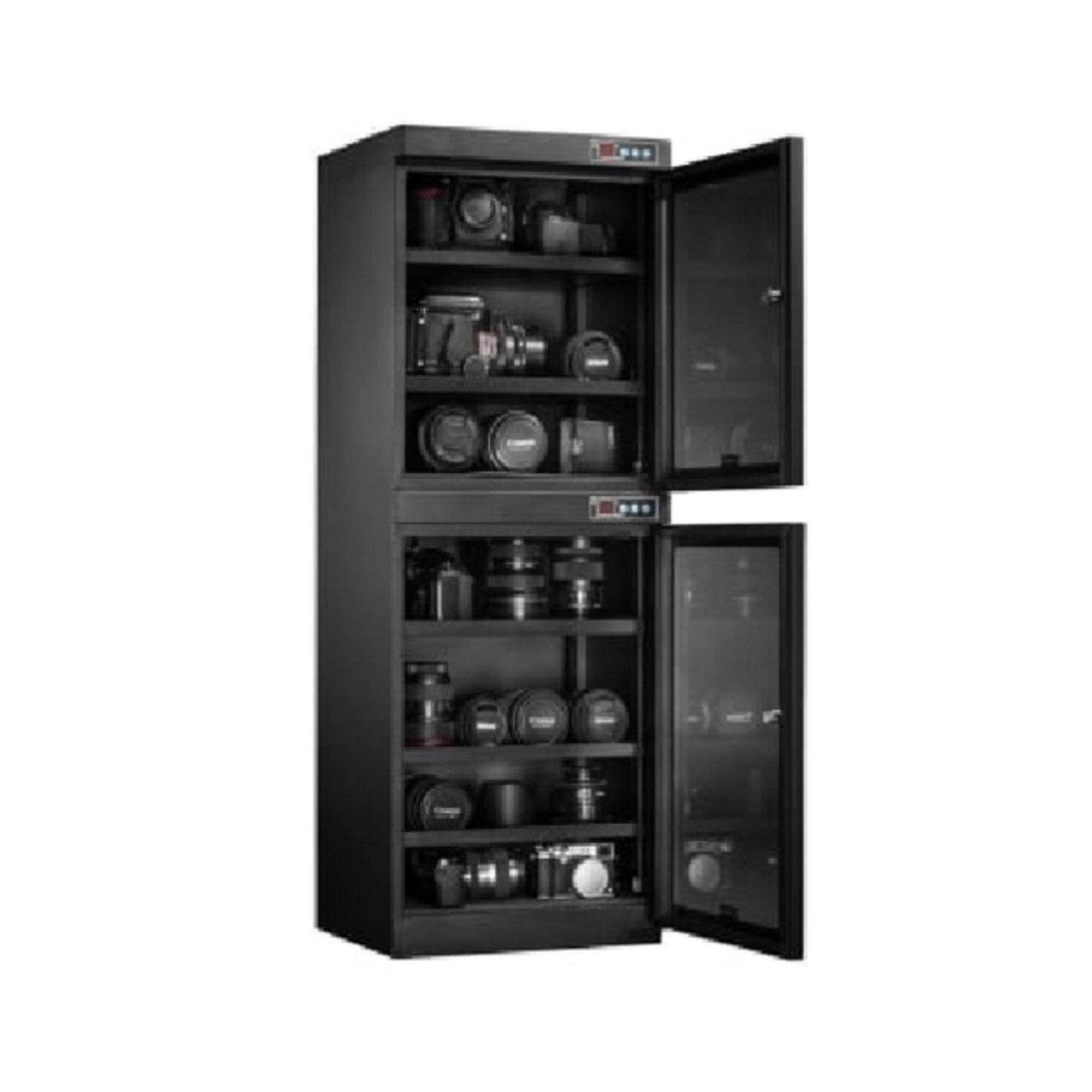 180L dry cabinet with two compartments, shelves, and open doors