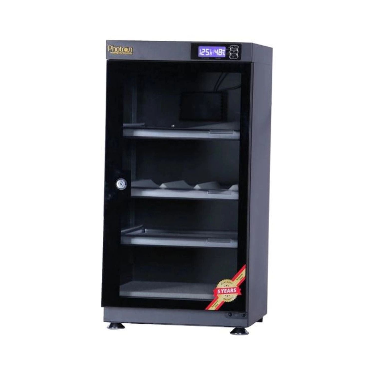 Dry cabinet 195L, open view through glass door with four shelves and top digital screen