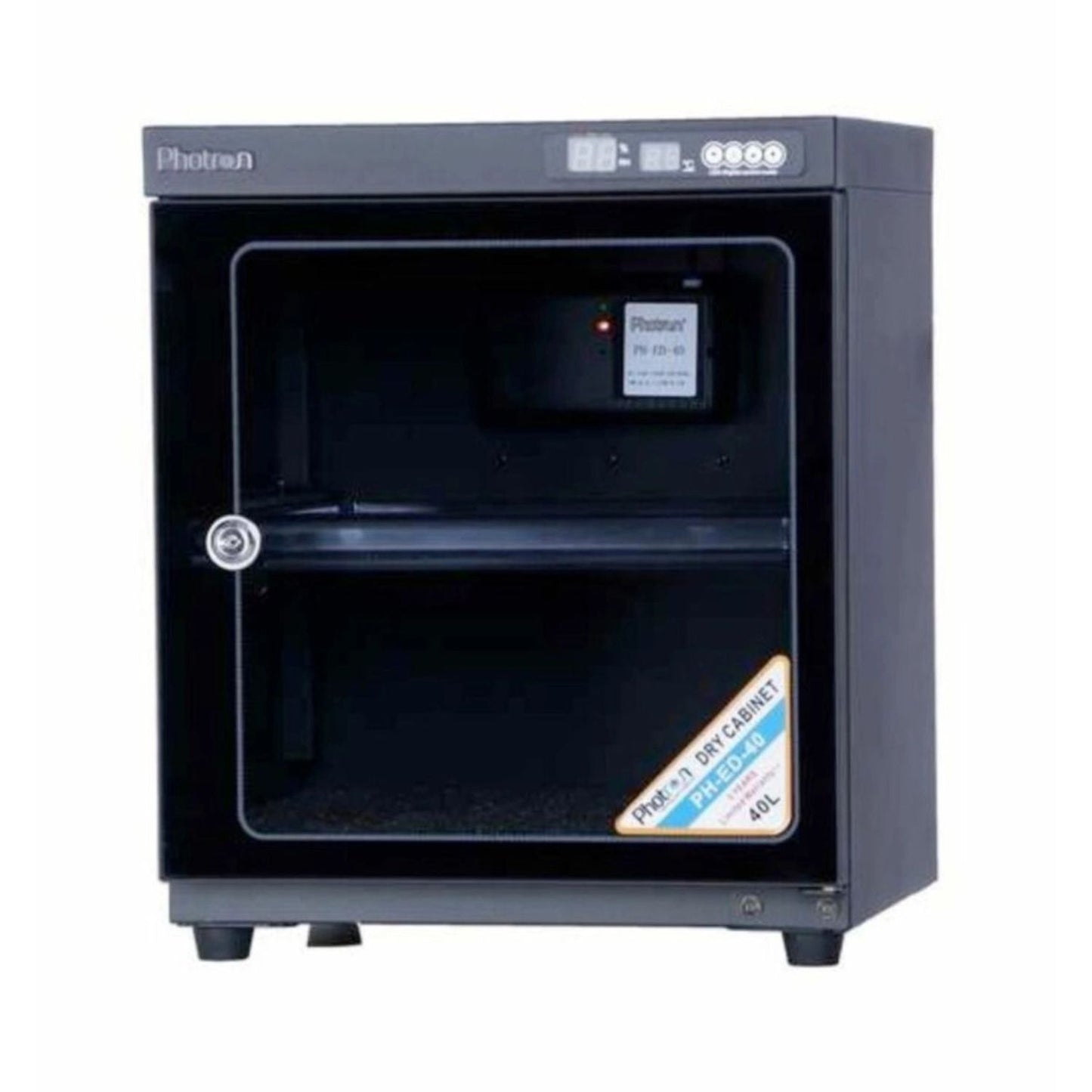 Dry cabinet with LED humidity display on top and dark enclosed storage chamber