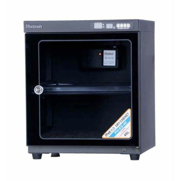 Dry cabinet with LED humidity display on top and dark enclosed storage chamber