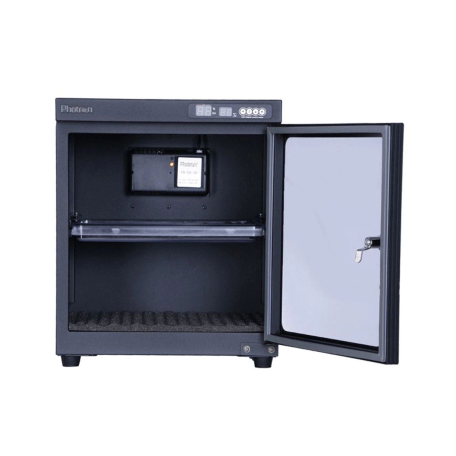 Open dry cabinet with interior shelf, sensor/hygrometer area, and door latch
