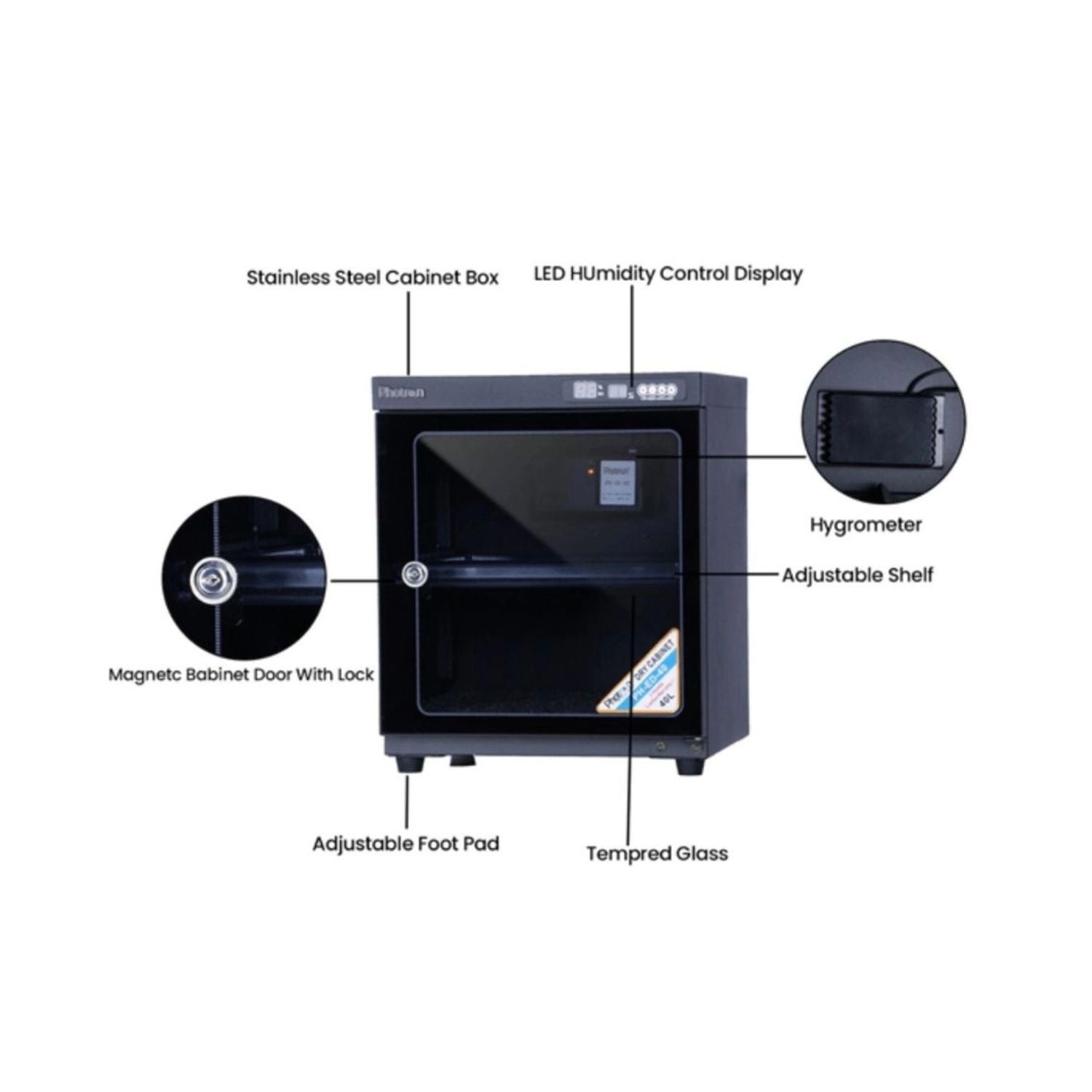 Dry cabinet featuring adjustable shelf, hygrometer section, and tempered glass door