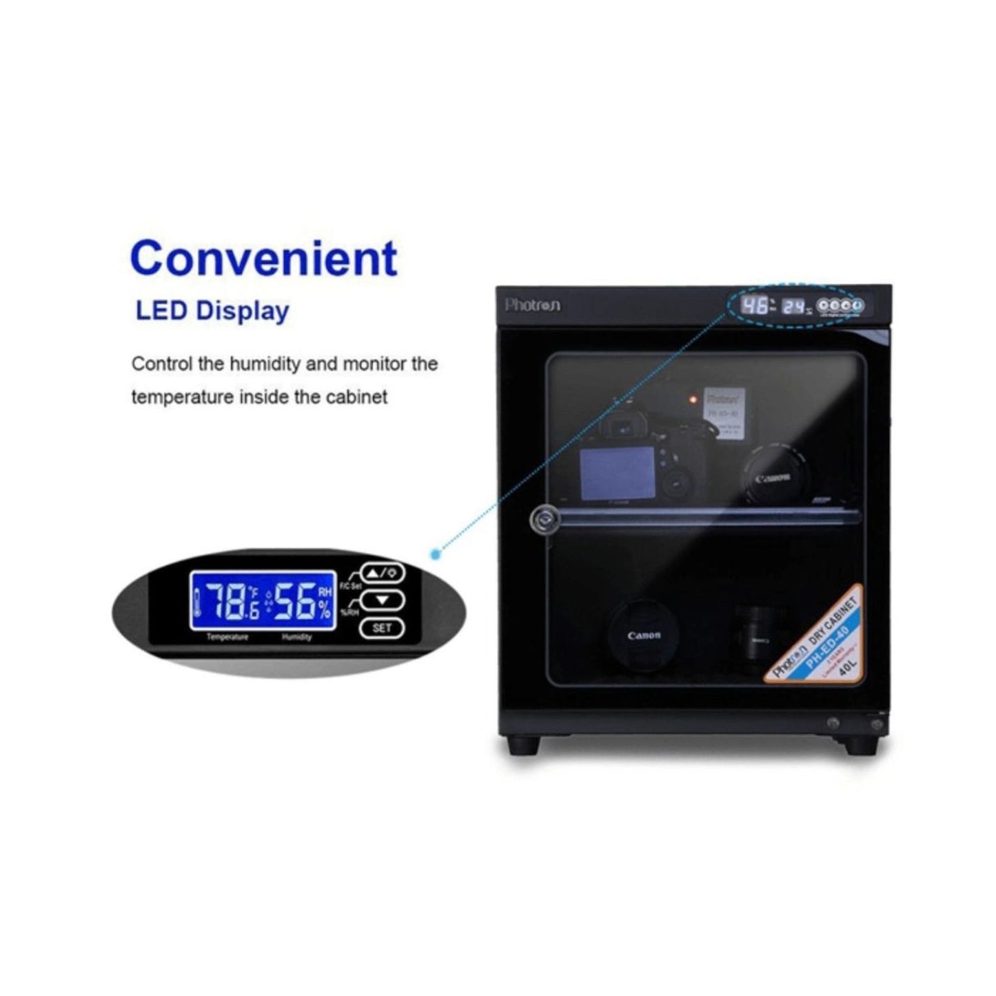 Dry cabinet with LED control display showing humidity and temperature