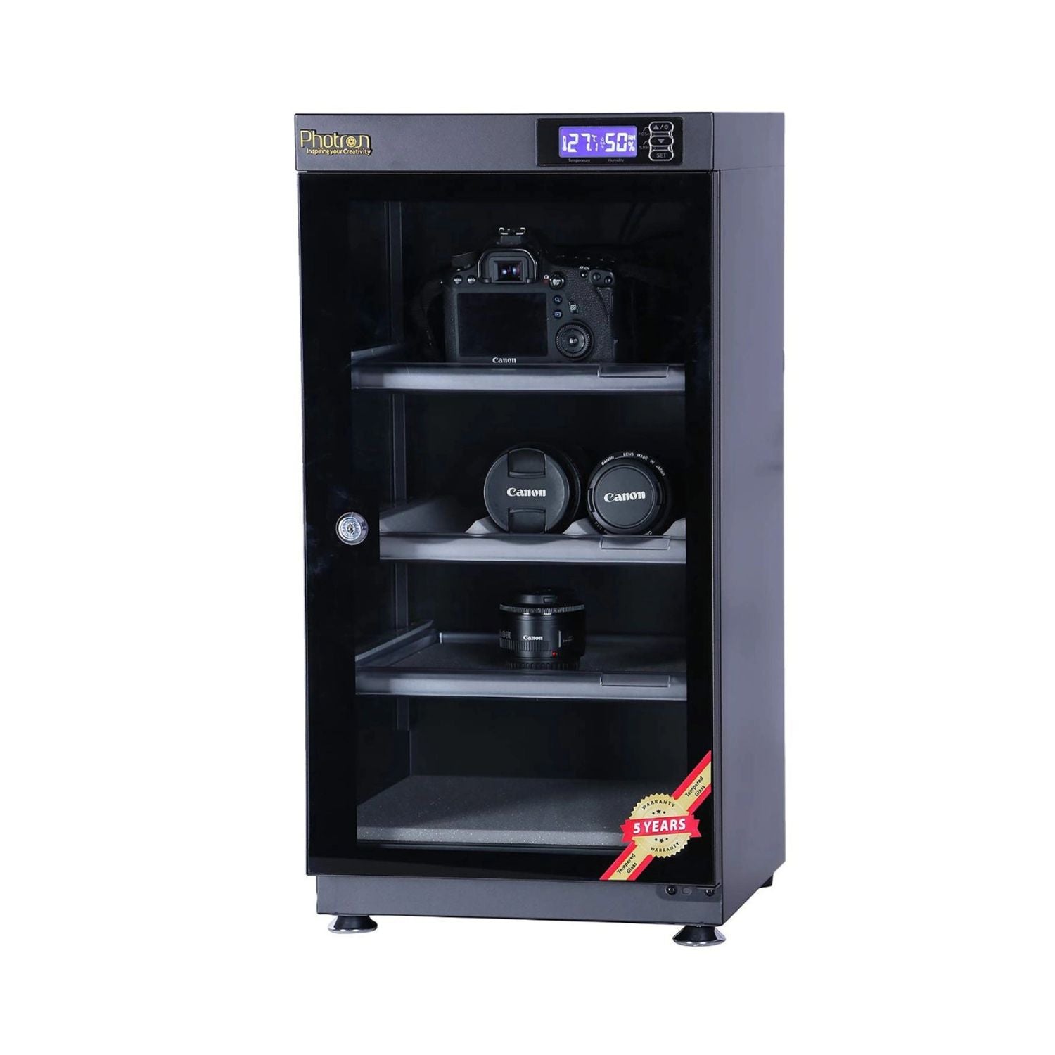 60L dry cabinet with front glass door and digital humidity display