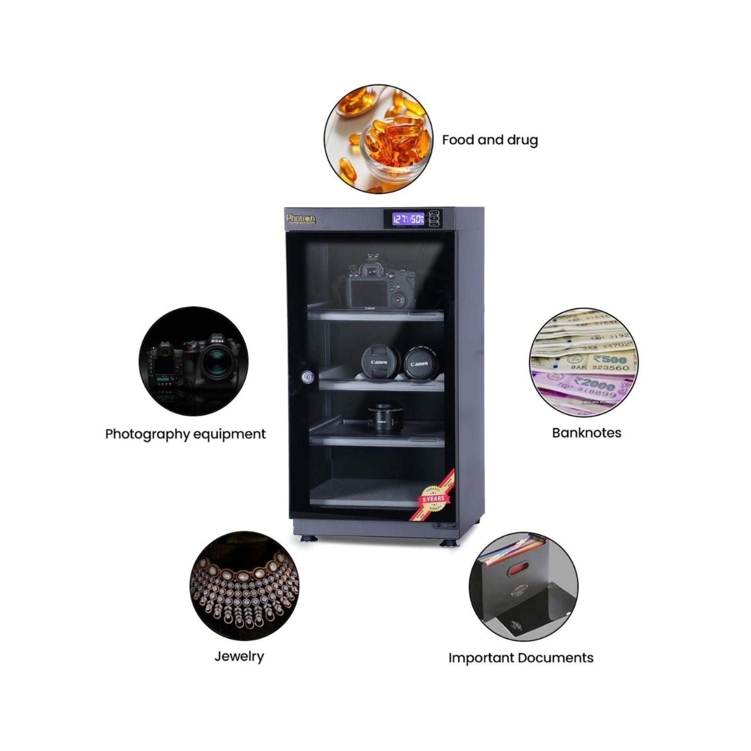 Photron 60L dry cabinet with digital control panel and use icons