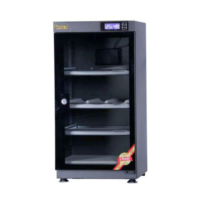 80L dry cabinet with glass door, adjustable shelves, and digital humidity display
