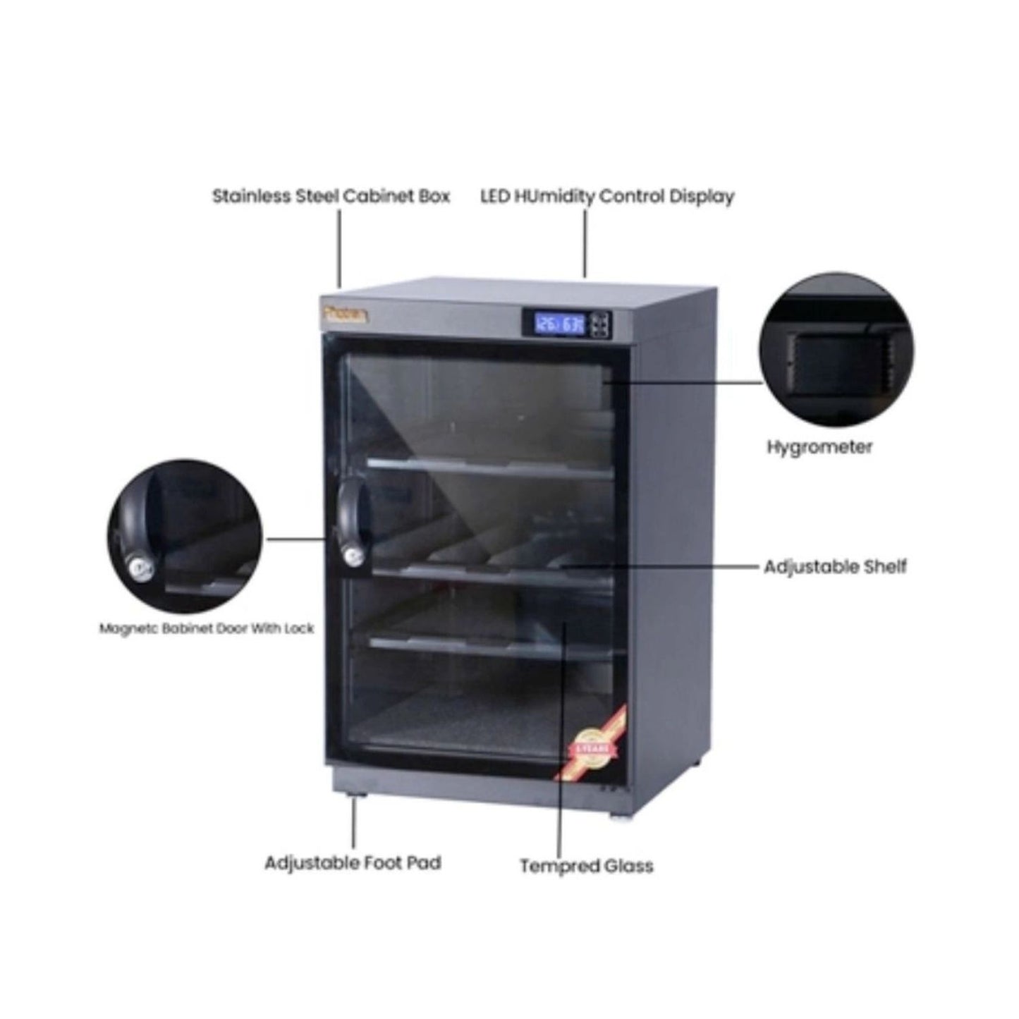 Dry cabinet with hygrometer and adjustable shelf; magnetic door lock; tempered glass
