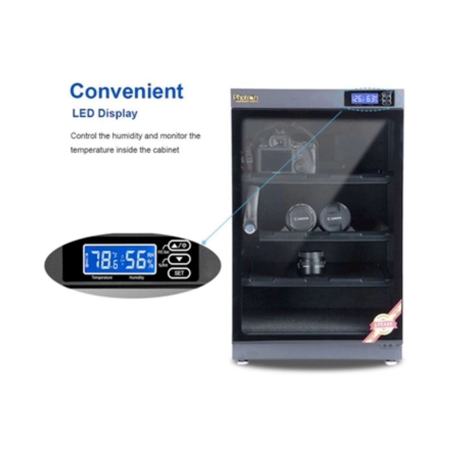 Dry cabinet with LED humidity display and glass door over adjustable internal shelves