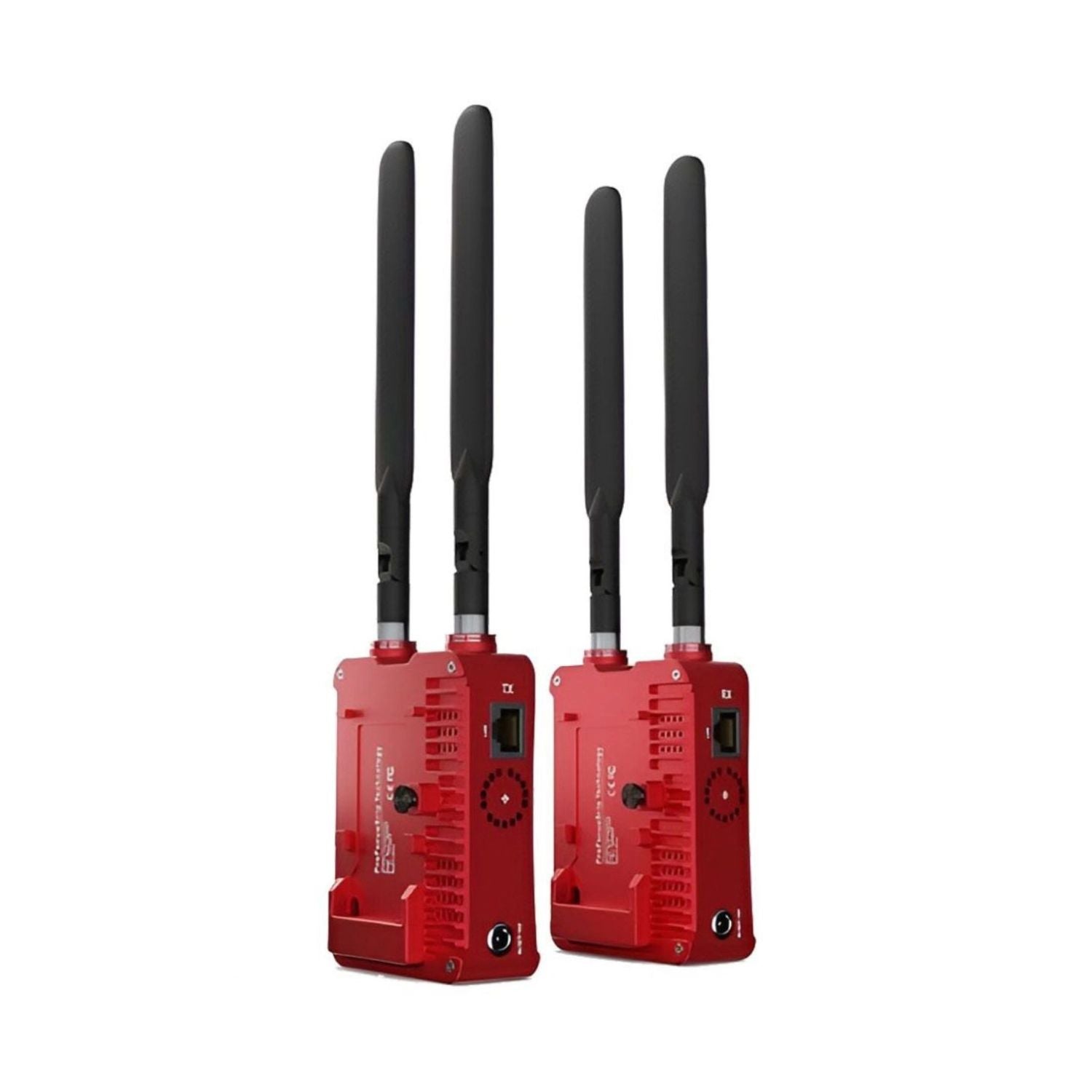 Two RollMaster Mark-1000 transmitters, red cases with black antennas, rear port panels