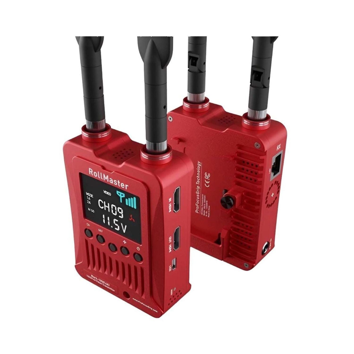 RollMaster Mark-1000 transmitter close-up, red LCD display and side ports with antennas