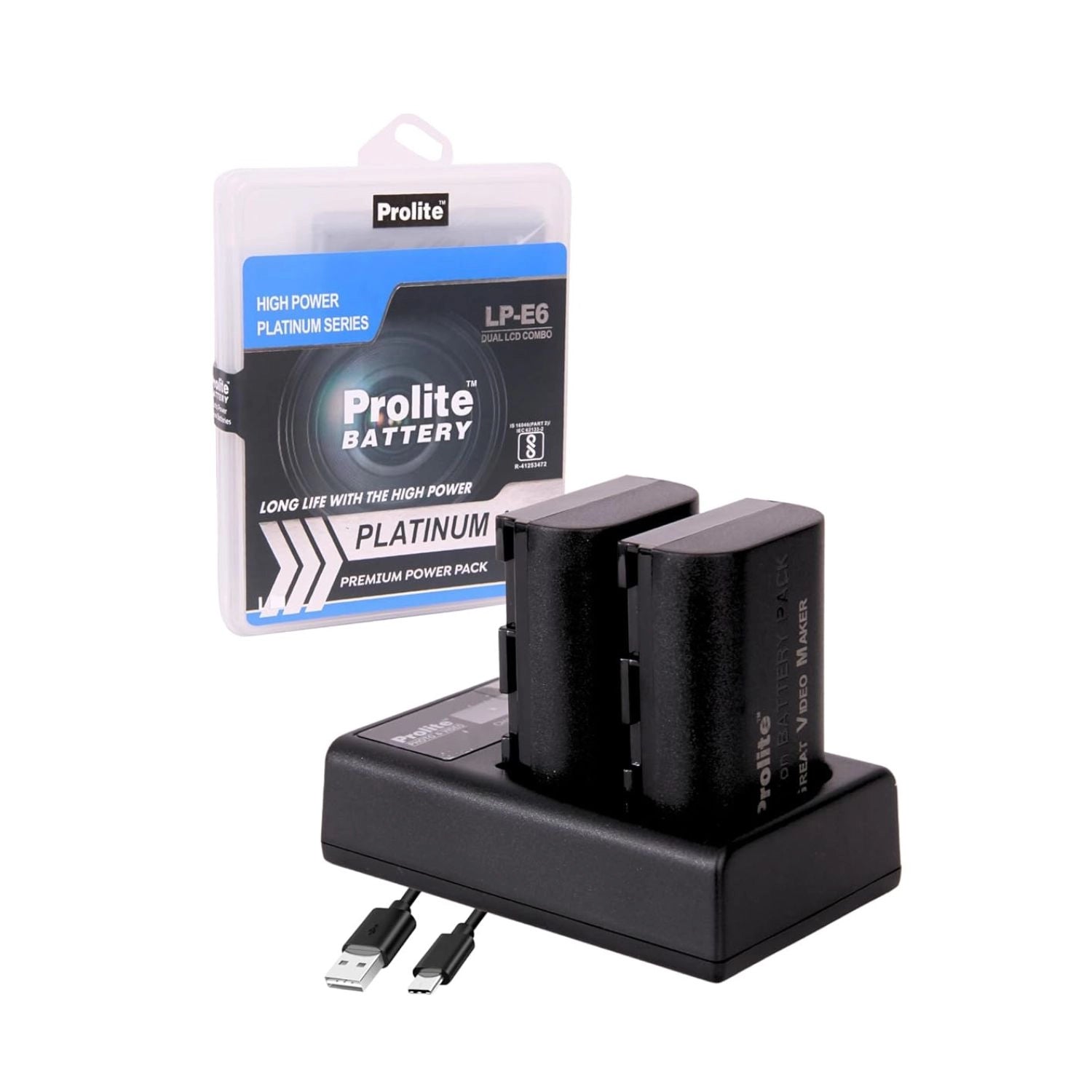 LP-E6 battery and dual charger kit: base, 2 LP-E6 packs, retail box