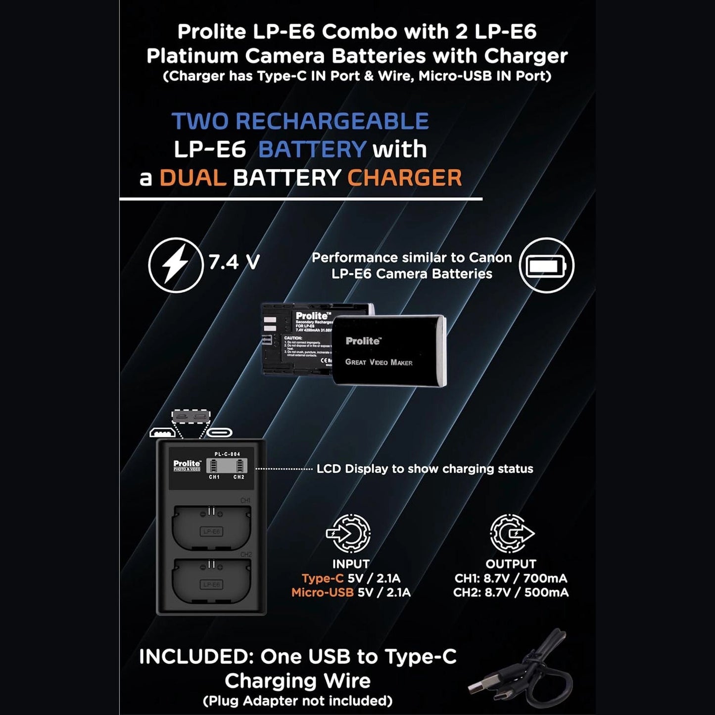 Two rechargeable LP-E6 batteries with dual charger; LCD shows charging status