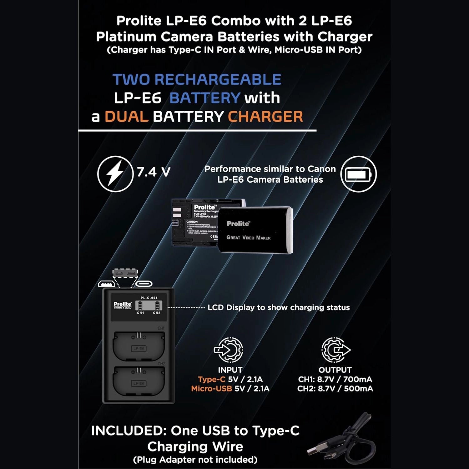 Two rechargeable LP-E6 batteries with dual charger; LCD shows charging status