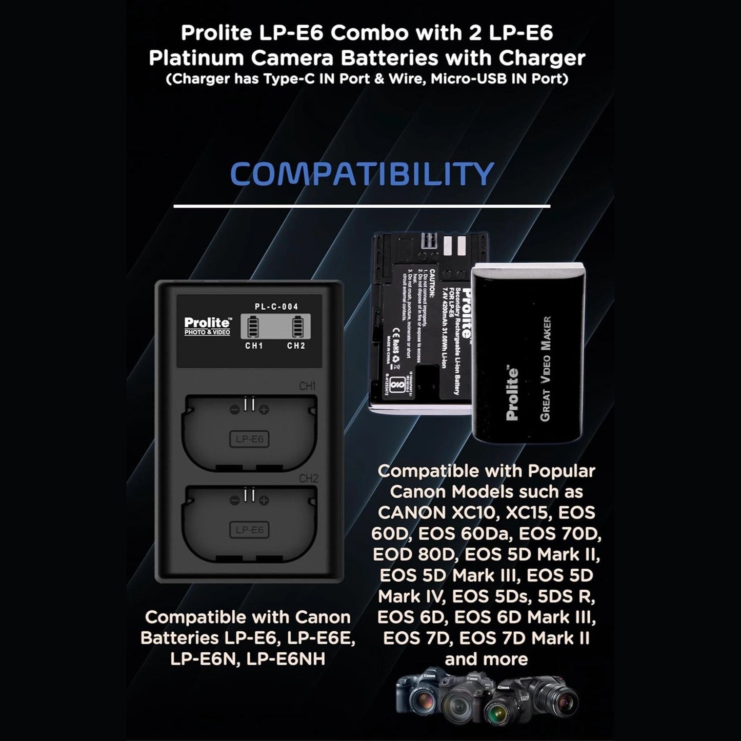 Dual LP-E6 charger compatibility graphic with two batteries and camera model list