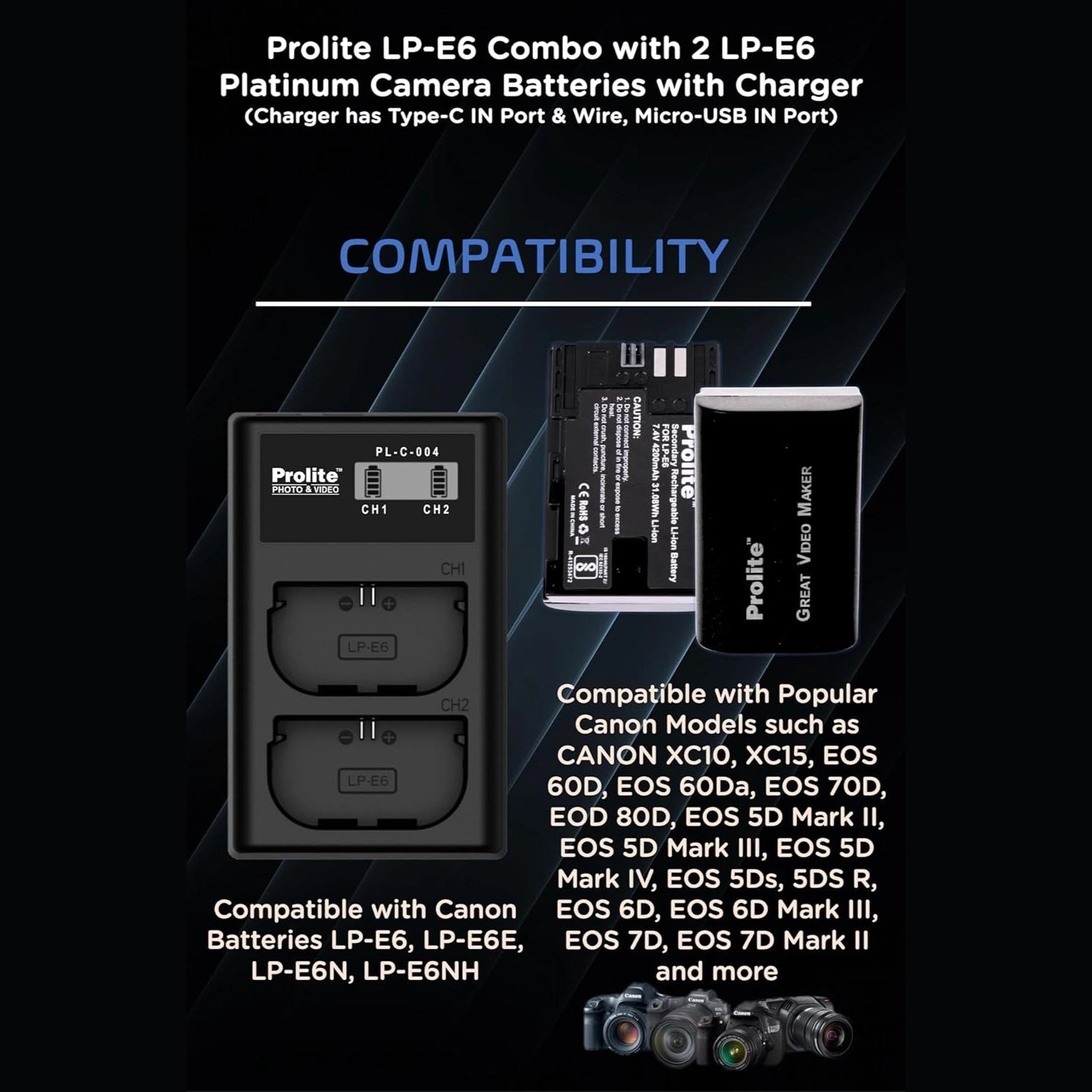 Dual LP-E6 charger compatibility graphic with two batteries and camera model list