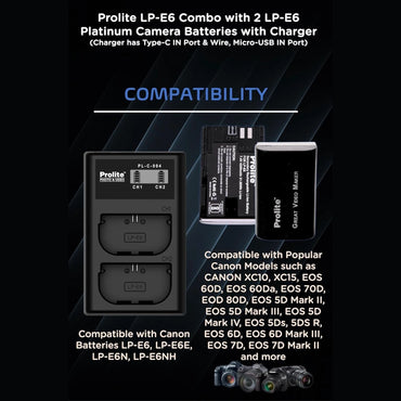 Dual LP-E6 charger compatibility graphic with two batteries and camera model list