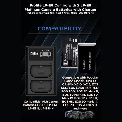Dual LP-E6 charger compatibility graphic with two batteries and camera model list