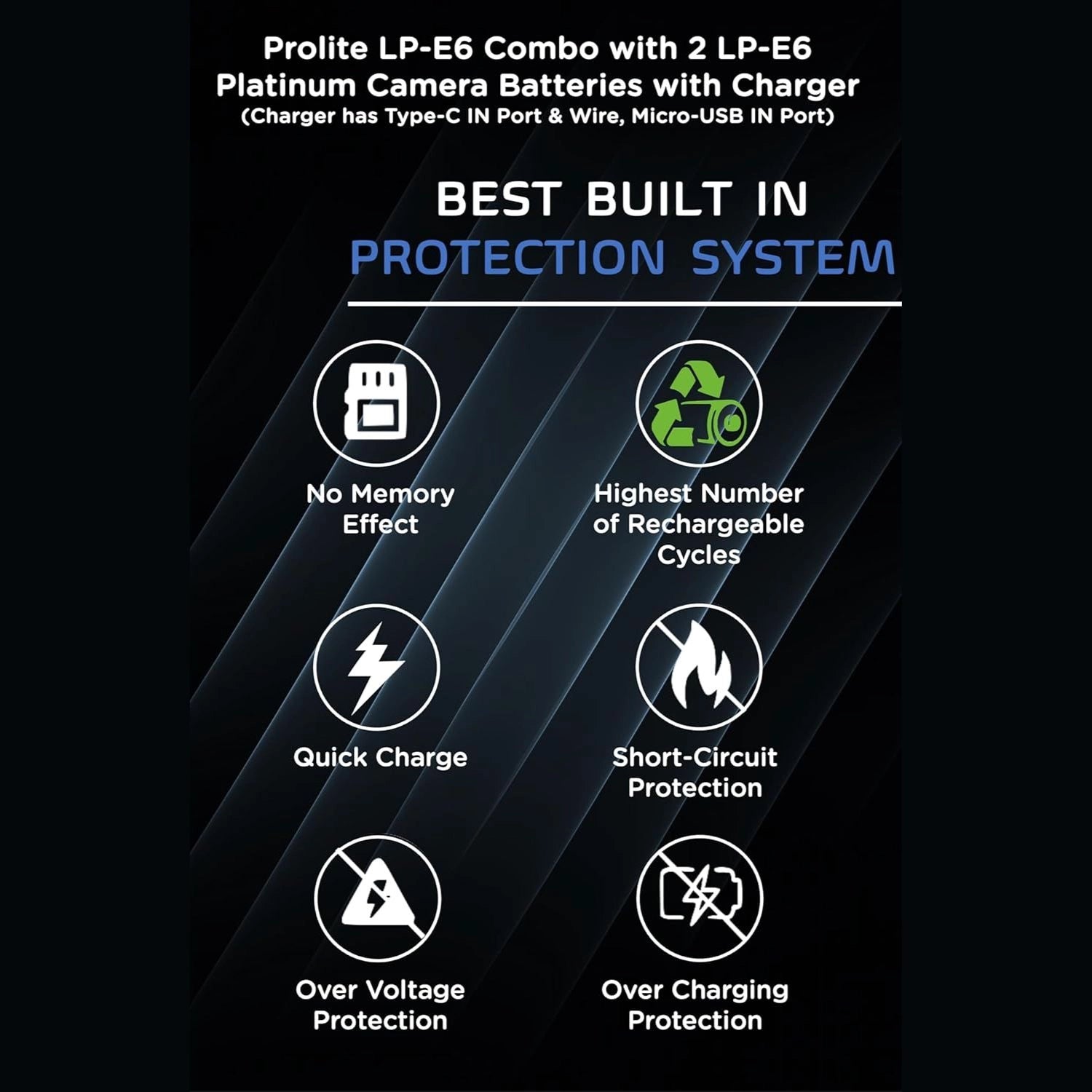 LP-E6 dual charger protection: quick charge, short-circuit, over-voltage, overcharge
