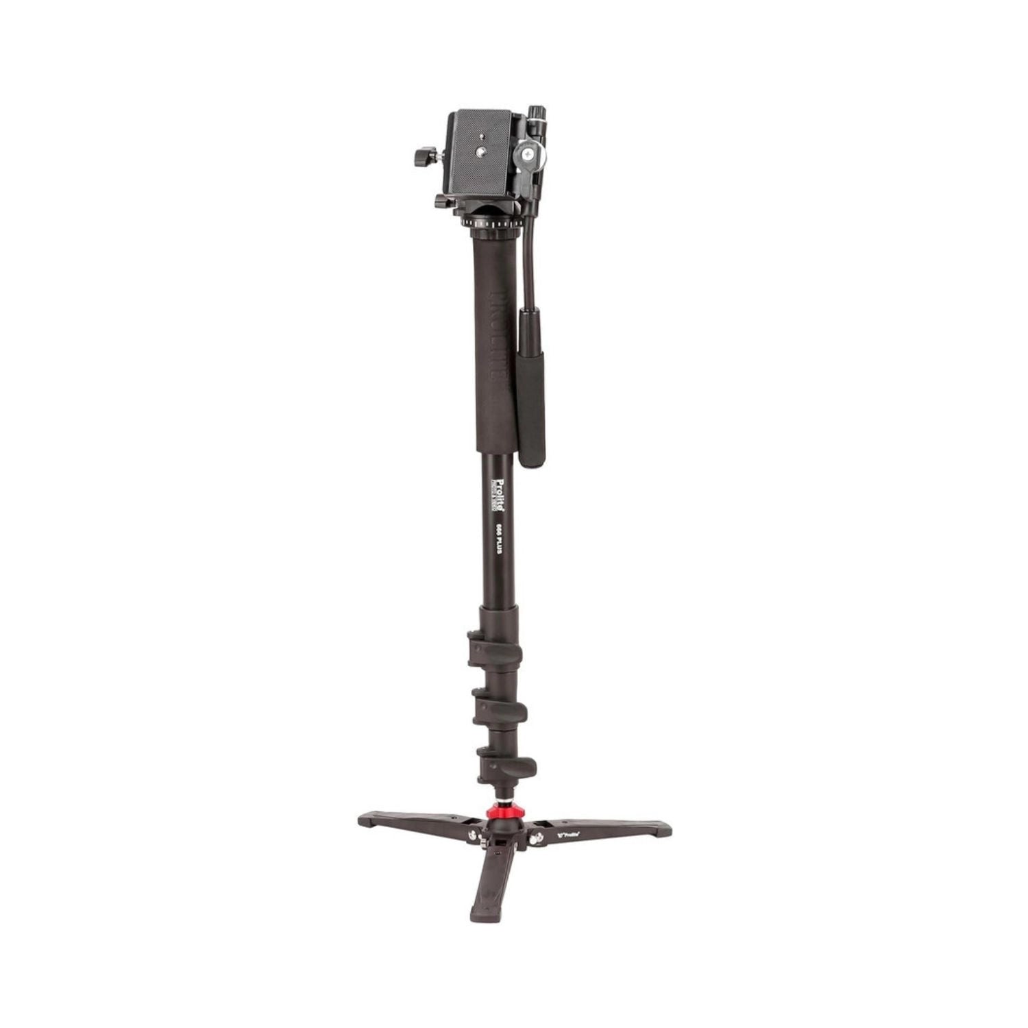 Black monopod with mounting head, flip-lock leg segments, and padded grip handle
