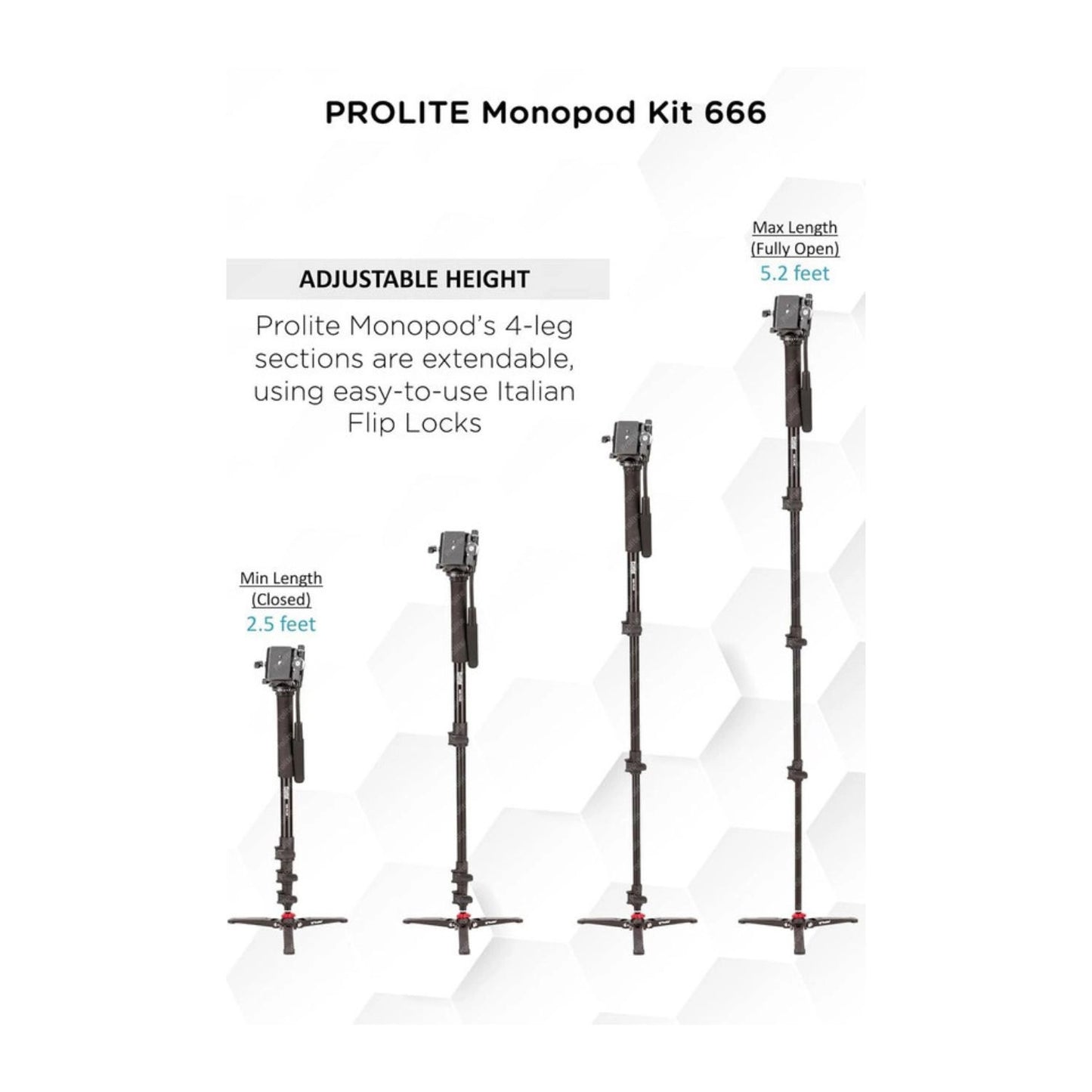 Adjustable monopod kit with flip-locks; height range 2.5–5.2 ft