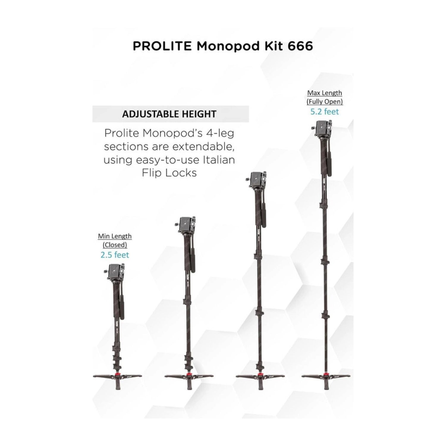 Adjustable monopod kit with flip-locks; height range 2.5–5.2 ft