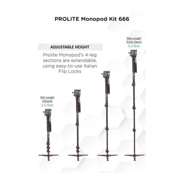 Adjustable monopod kit with flip-locks; height range 2.5–5.2 ft