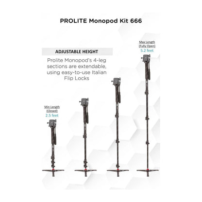 Adjustable monopod kit with flip-locks; height range 2.5–5.2 ft