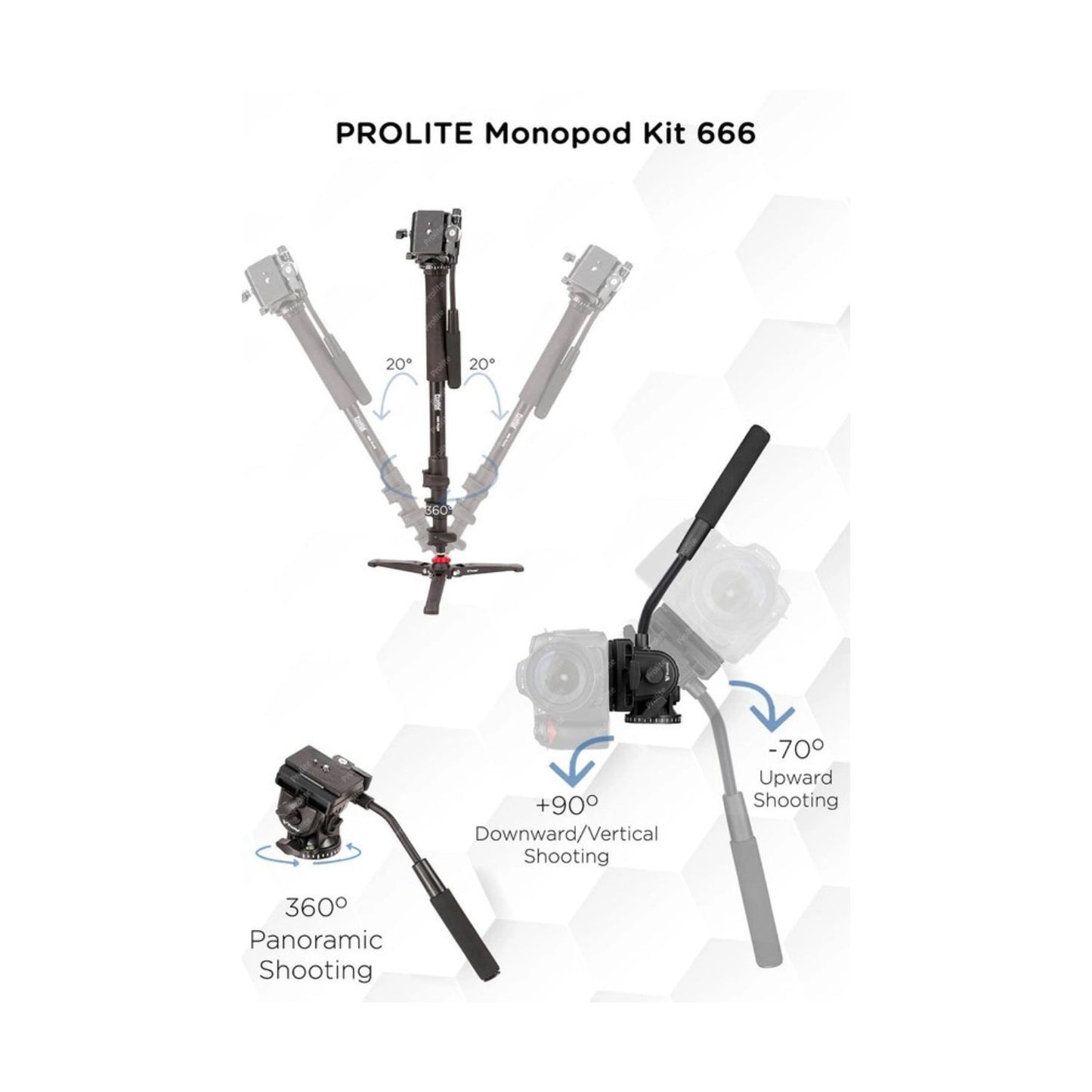 Prolite monopod kit with black monopod, camera mount head and tilt/rotate controls
