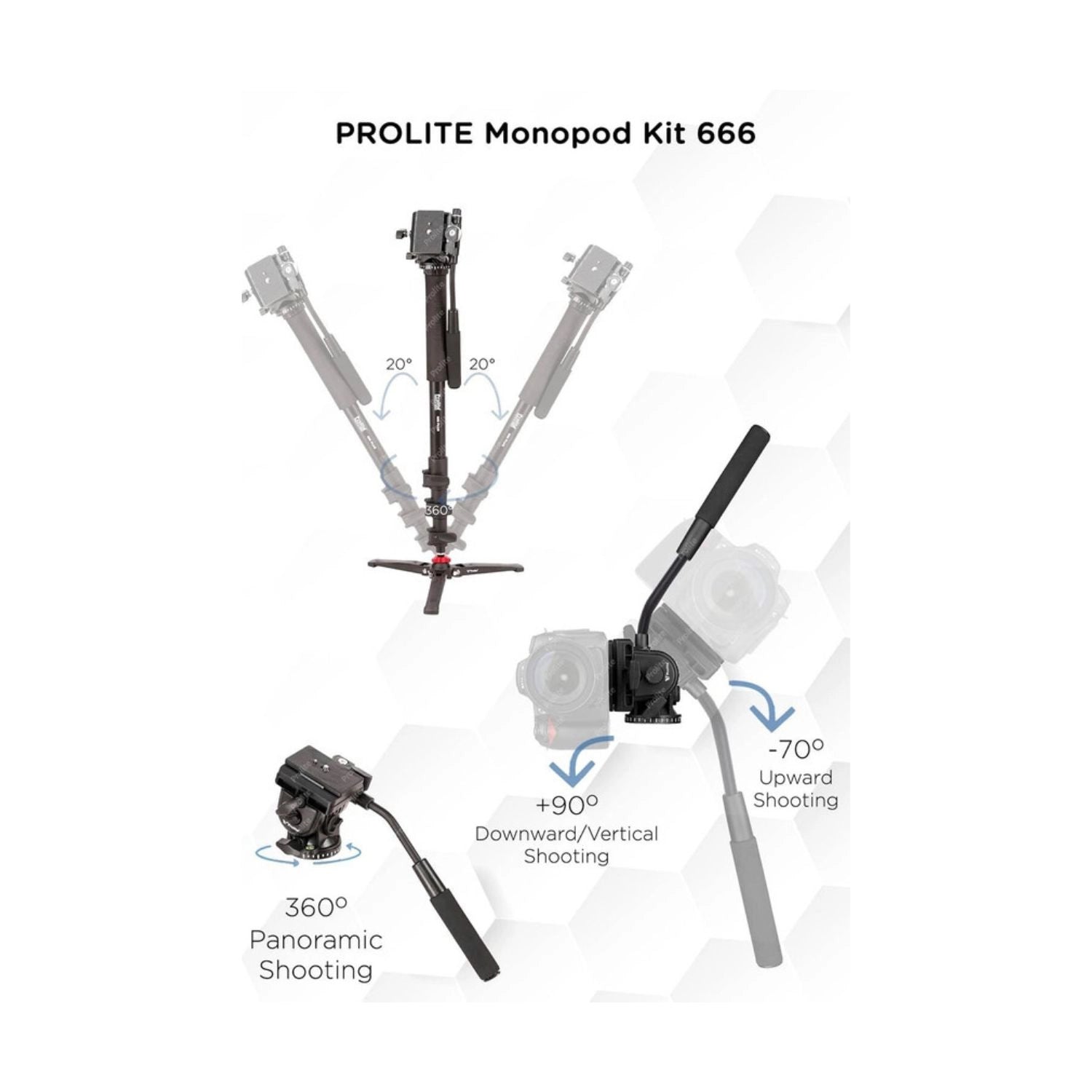 Prolite monopod kit with black monopod, camera mount head and tilt/rotate controls