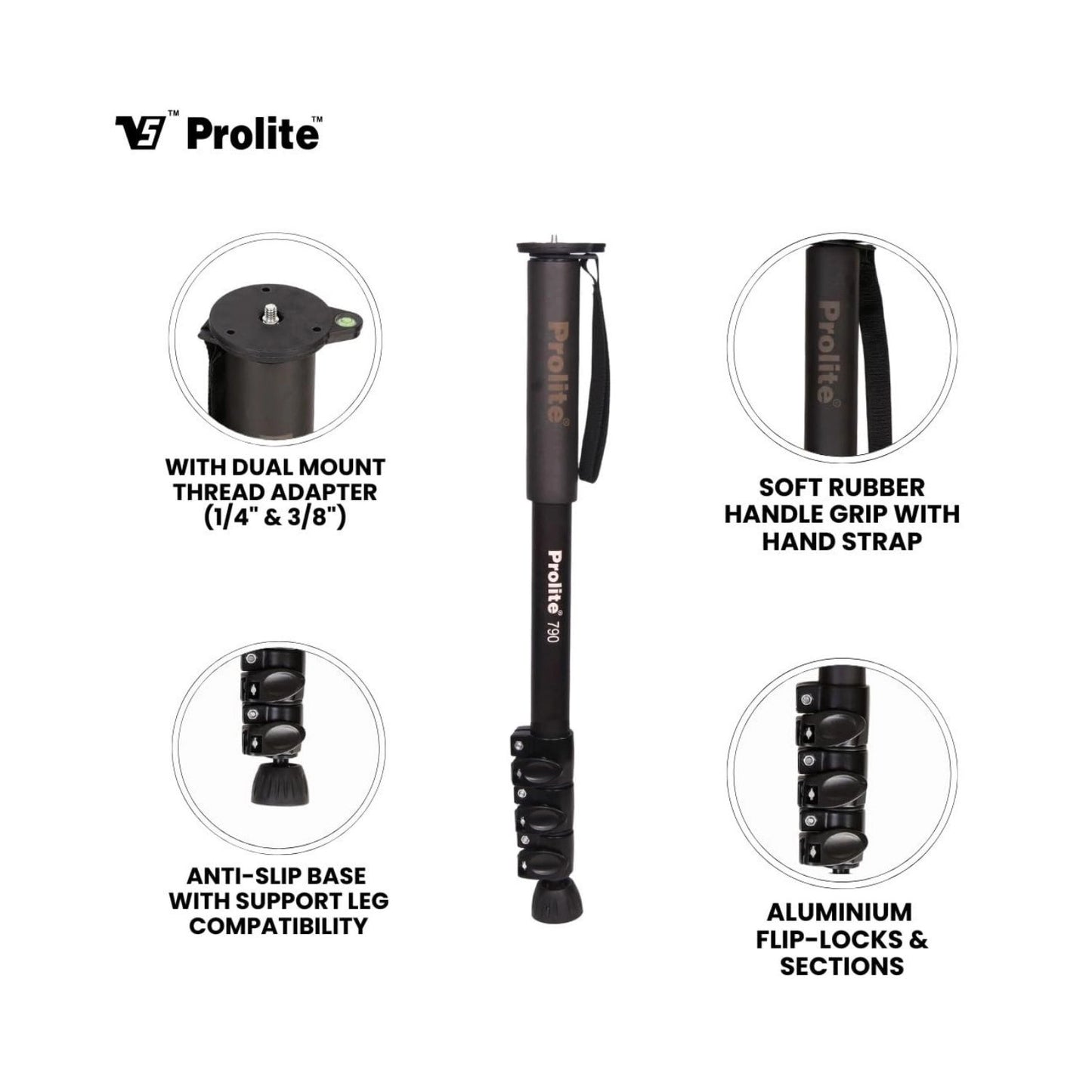 Monopod Prolite 790 com empunhadura de borracha macia e alça de mão
