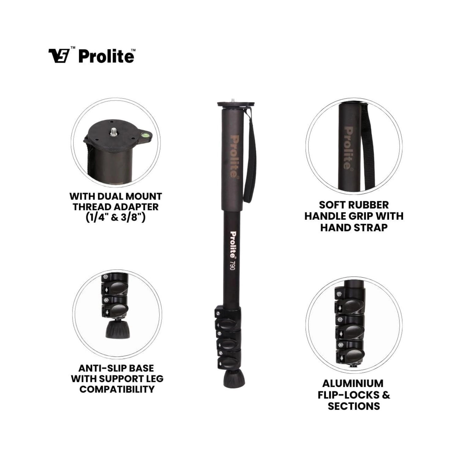 Monopod Prolite 790 com empunhadura de borracha macia e alça de mão