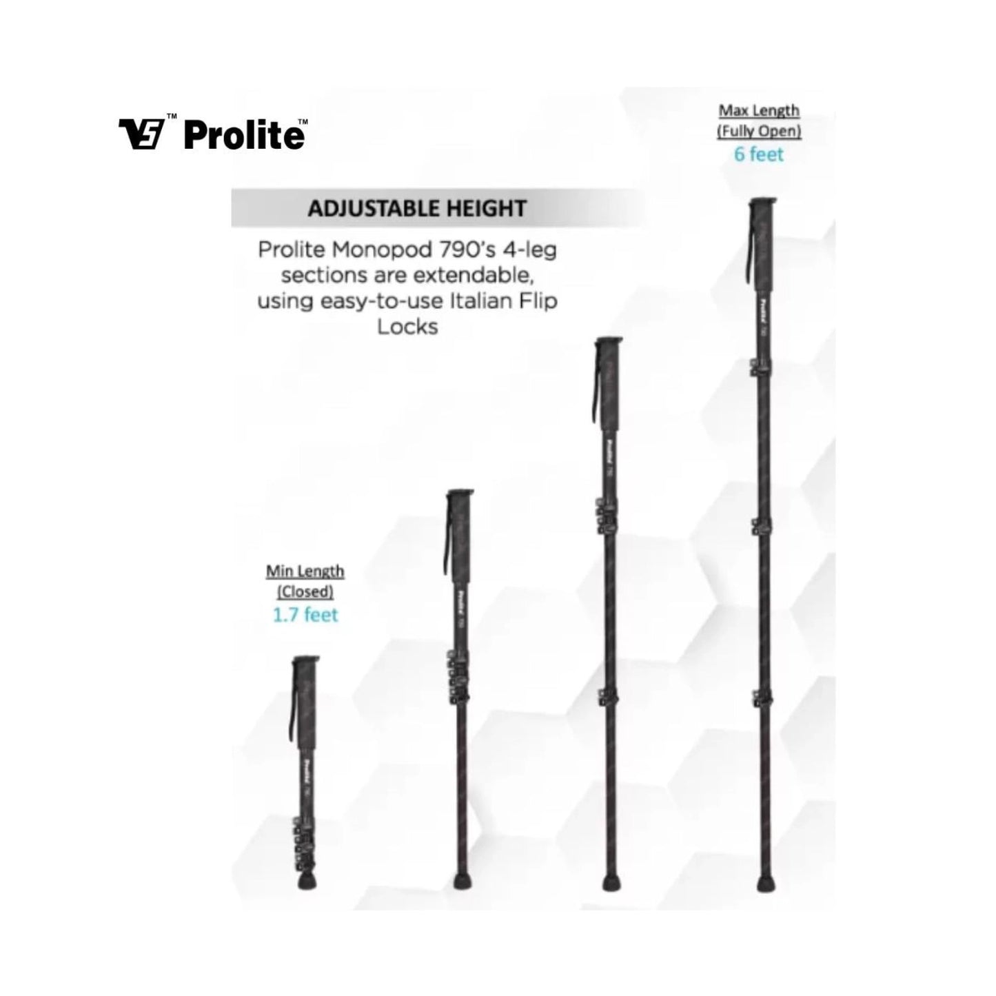 Monopod Prolite 790 com altura ajustável, fechado e totalmente aberto